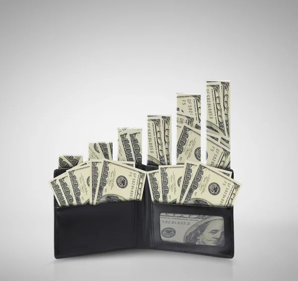Dollars in bills spilling out of billfold — Stock Photo, Image