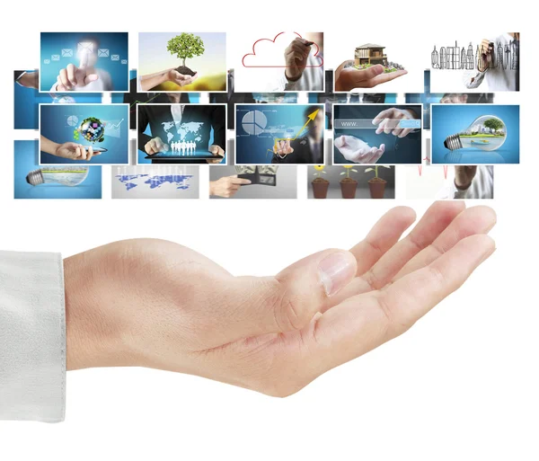 Man pushing on a touch screen digital photos — Stock Photo, Image