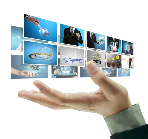 Businessman holding a screen with digital photos — Stock Photo, Image
