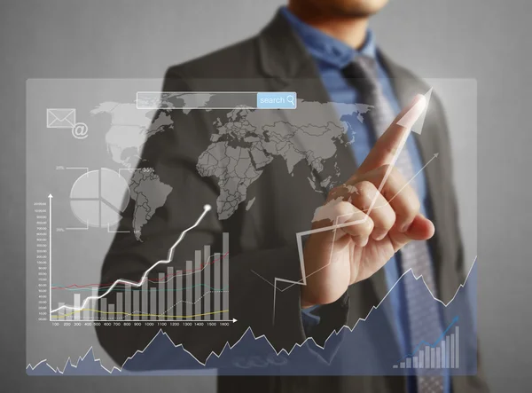 Businessman pressing high tech type of modern buttons on a virtu — Stock Photo, Image