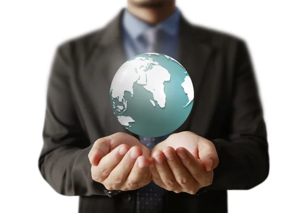 Man holding a glowing earth globe in hands — Stock Photo, Image