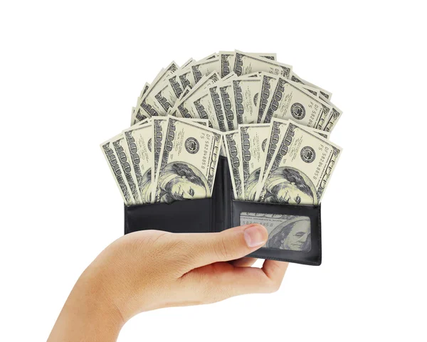 Dollar in  black leather wallet in hand — Stock Photo, Image