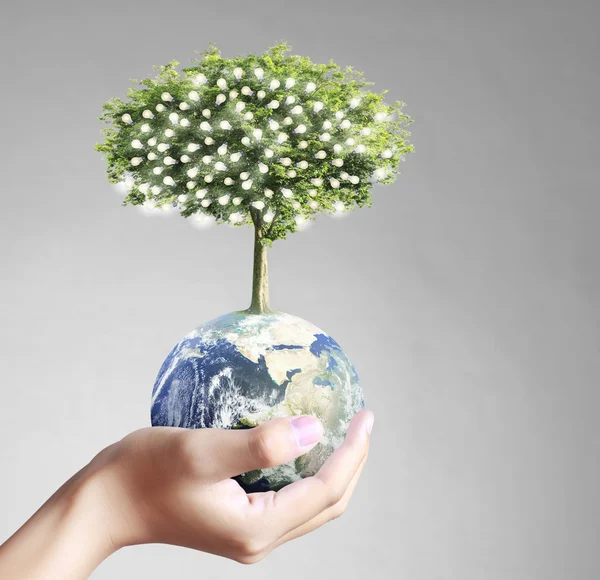 Globo, tierra en mano humana, mano sosteniendo nuestro planeta tierra brillando — Foto de Stock