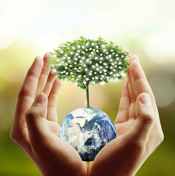 Glóbus, země v lidské ruce, ruka drží naši planetu Zemi glowin — Stock fotografie