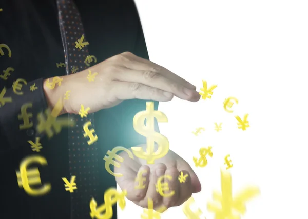 Άνθρωπος αγγίζει το κουμπί με το εικονίδιο χρήματα online — Φωτογραφία Αρχείου