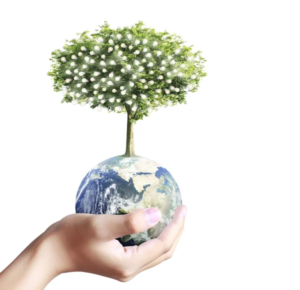 Världen, jorden i mänsklig hand, hand som håller vår planet jorden glowin — Stockfoto