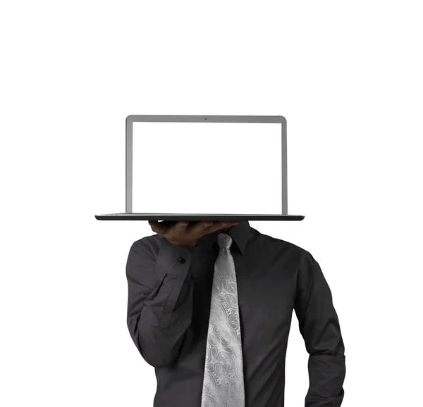 Man visar laptop mot — Stockfoto