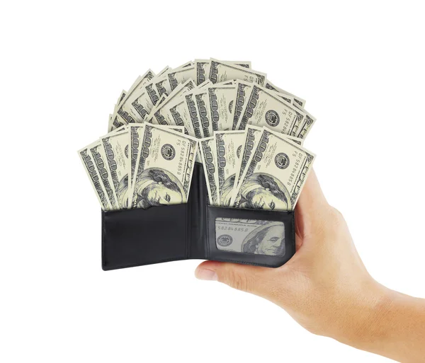Dollar in  black leather wallet in hand — Stock Photo, Image