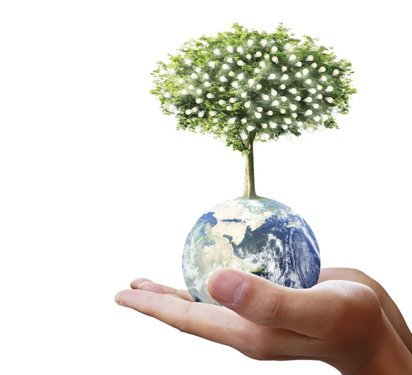 Världen, jorden i mänsklig hand, hand som håller vår planet jorden glowin — Stockfoto