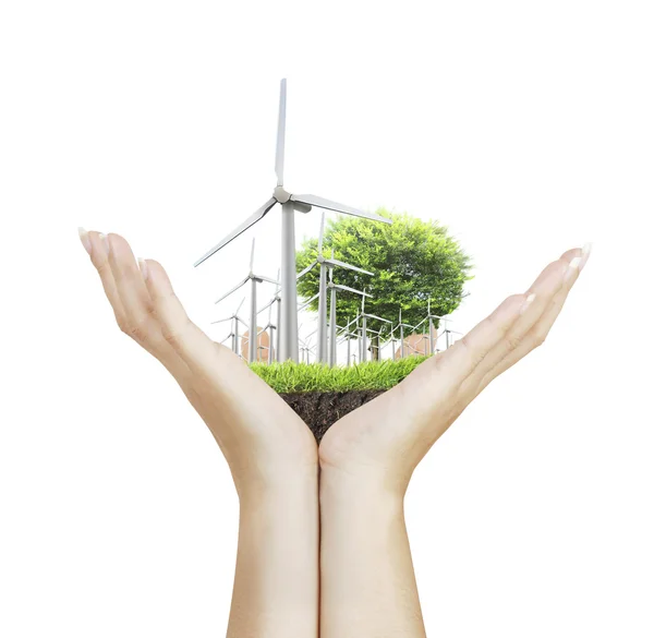 Wind turbines in the hand — Stock Photo, Image
