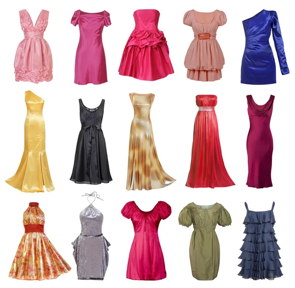 Large collection of stylish evening dresses women (isolated on w — Stock Photo, Image