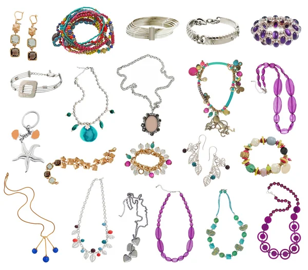 Large collection of women's jewelery, isolated on white — Stock Photo, Image