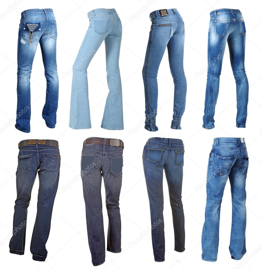 collection of blue jeans isolated on white