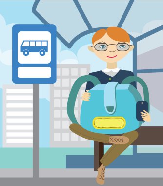 Çocuk okula otobüs bekleyen. Okula geri (vektör çizim,