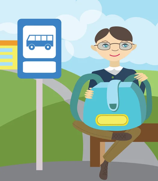 Pojke väntar på skolbussen. Tillbaka till skolan (vektor illustration, — Stock vektor