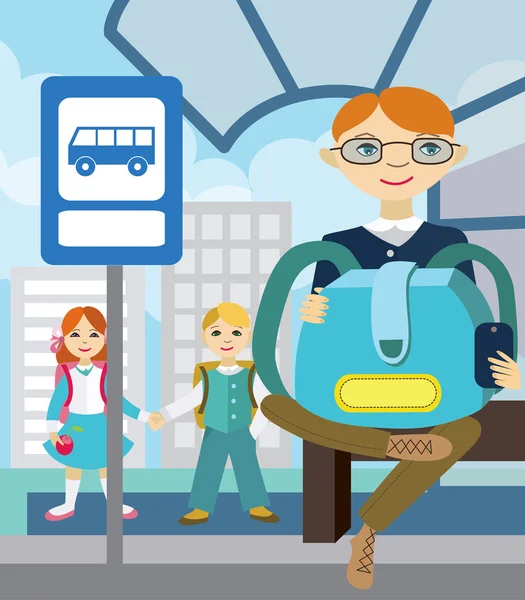 Pojke väntar på skolbussen. Tillbaka till skolan (vektor illustration, — Stock vektor