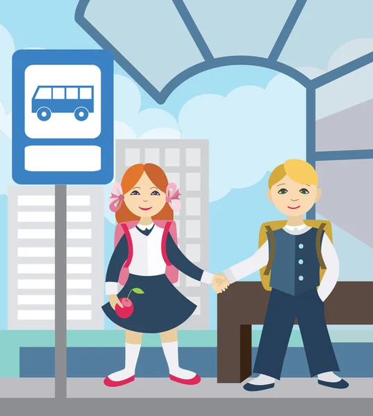 Crianças à espera de autocarro escolar. Voltar para a escola (vector illustra —  Vetores de Stock