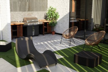 Mobilyaları ve modern ızgarası olan boş terasın arkaplan resmi, boşluğu kopyala