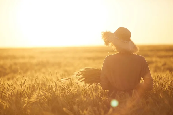 Achteraanzicht Portret Van Jonge Vrouw Lopen Gouden Veld Met Een — Stockfoto