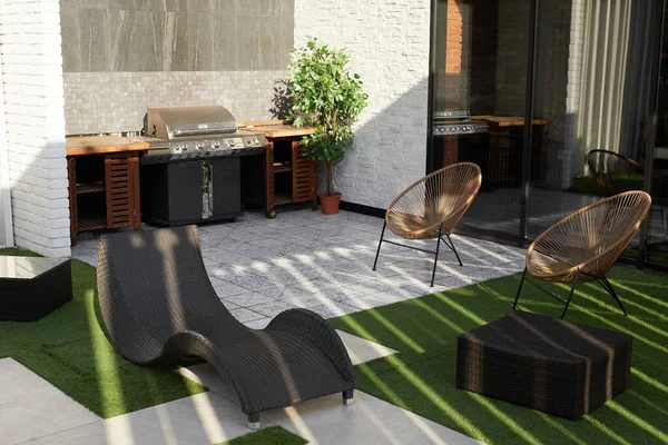 Image Fond Terrasse Vide Avec Mobilier Jardin Design Barbecue Moderne — Photo