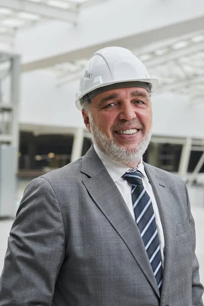 Retrato Vertical Empresário Sênior Sorridente Vestindo Chapéu Duro Olhando Para — Fotografia de Stock