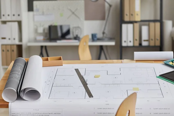 Background Image Drawing Table Blueprints Tools Laid Out Forground Architects — Stock Photo, Image