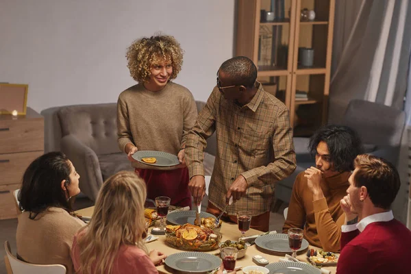 Portrait Smiling African American Man Cutting Roasted Turkey While Enjoying — Stock Photo, Image