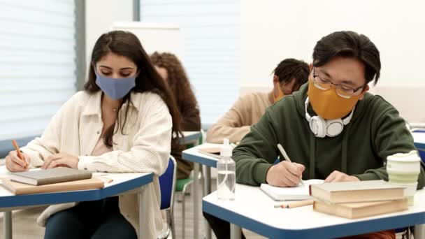 Estudiante Universitaria Raza Mixta Sentada Escritorio Aula Junto Compañero Grupo — Vídeos de Stock