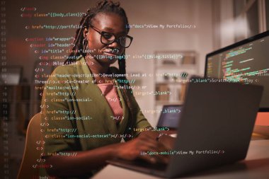 Portrait of contemporary African-American woman using laptop with computer code overlay, copy space clipart