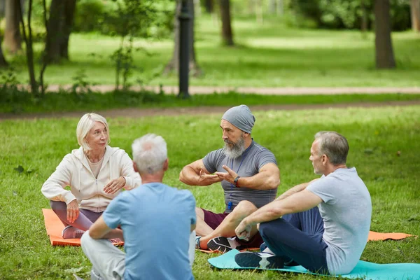 Grupo Personas Mayores Activas Reunieron Parque Ciudad Sentados Esteras Escuchando — Foto de Stock