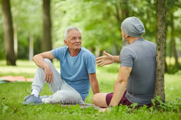 Dos Deportistas Mayores Amigos Varones Sentados Juntos Hierba Verde Parque — Foto de Stock