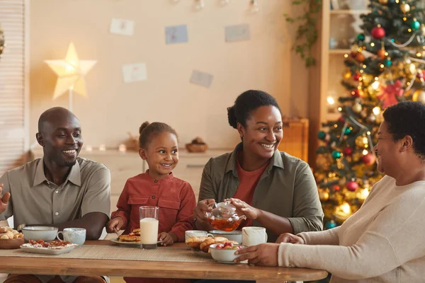 Warm Toned Portrait Happy African American Family Enjoying Tea Snacks — Stock Photo, Image