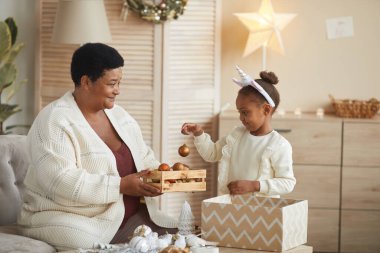 Sevimli Afro-Amerikan kız portresi Noel süslemeleri kutusunu açarken sevgi dolu büyükannenle Noel kutlaması için hazırlanıyor.