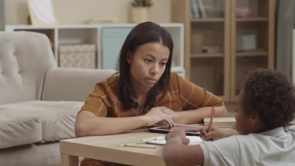 Shoulder Chest Young Irritated Mixed Race Woman Sitting Floor Table — Stock Video