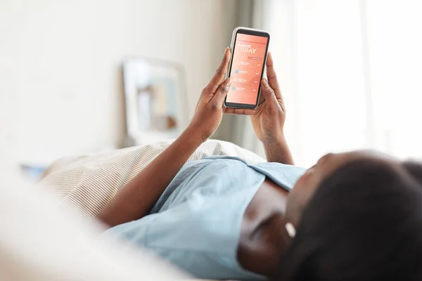 Minimal Portrait Young African American Woman Holding Smartphone Bed While — Stock Photo, Image