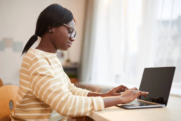 Ritratto Laterale Della Giovane Donna Afro Americana Che Usa Computer — Foto Stock