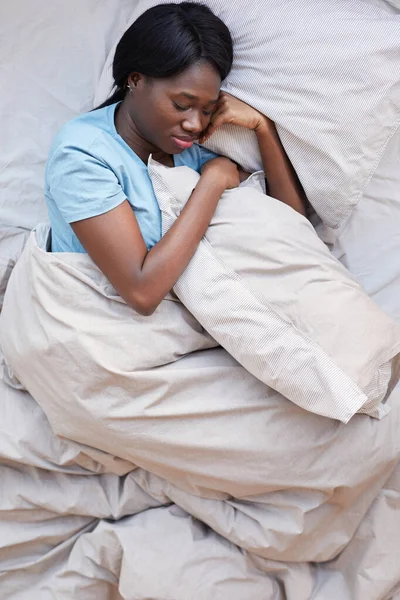 Minimal Top View Portrait Young African American Woman Sleeping Happily — Stock Photo, Image