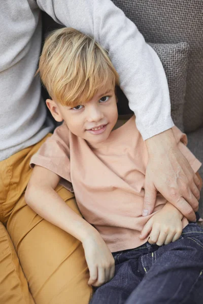 High Angle Portrait Cute Blonde Boy Cuddling Fathers Arms Looking — Fotografia de Stock