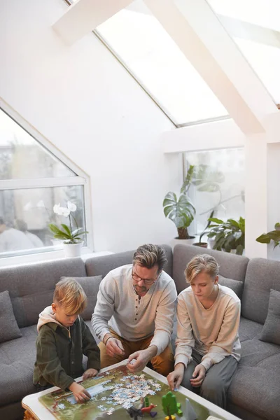 Vertical Wide Angle Portrait Loving Father Spending Time Two Sons — Stock Photo, Image