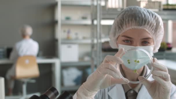 Colpo Medio Giovane Donna Caucasica Con Cappello Medico Guanti Seduta — Video Stock