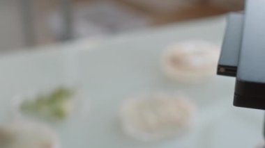 Biyokimya laboratuarında, mikroskop altında cam kaydırağın üzerinde yatan genç bitki yaprağının yakın plan görüntüsü.