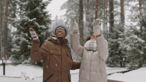 Közepes Lövés Fiatal Változatos Férfi Áll Parkban Télen Megpróbálja Elkapni — Stock videók