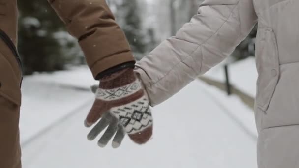 Close Van Onherkenbare Man Vrouw Warme Winterkleding Wanten Die Hand — Stockvideo