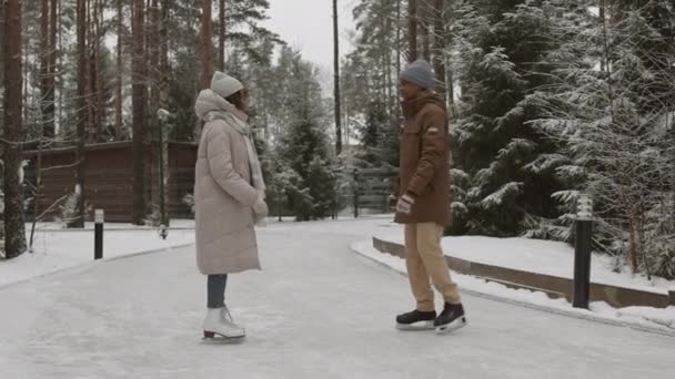 公園の氷の上で互いに向かってスケートし お互いの帽子やスカーフを固定し始めます — ストック動画