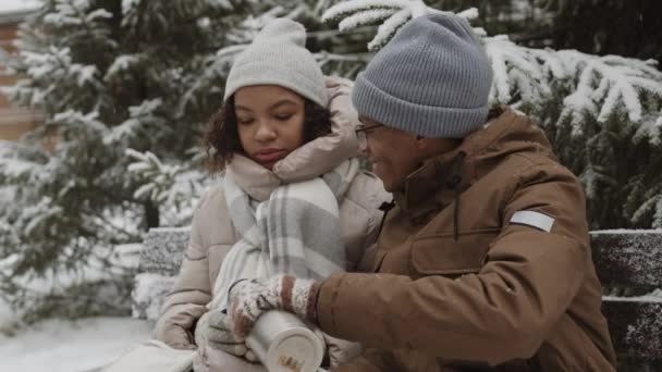 Orta Boy Afro Amerikalı Bir Adam Çekici Kız Arkadaşının Kış — Stok video