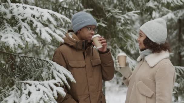 미디엄은 아프리카계 미국인 남자와 아름다운 곱슬머리 친구가 숲에서 컵에서 뜨거운 — 비디오