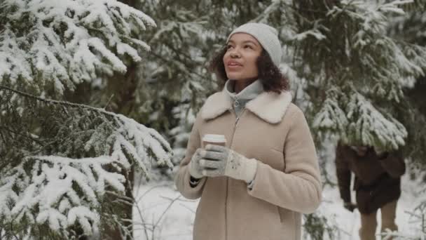 Mittlere Aufnahme Einer Schönen Mischlingsfrau Die Nadelwald Steht Und Kaffee — Stockvideo