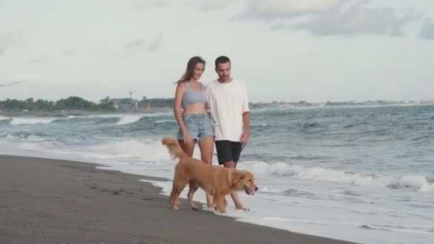 Jovem Caucasiano Homem Mulher Mãos Dadas Abraçando Sorrindo Andando Cão — Vídeo de Stock