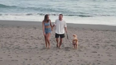 Neşeli, beyaz kız arkadaş ve erkek arkadaşın kucaklaşması, el ele tutuşması, gülümsemesi, köpek tasmasıyla kumsalda kameraya doğru koşması.