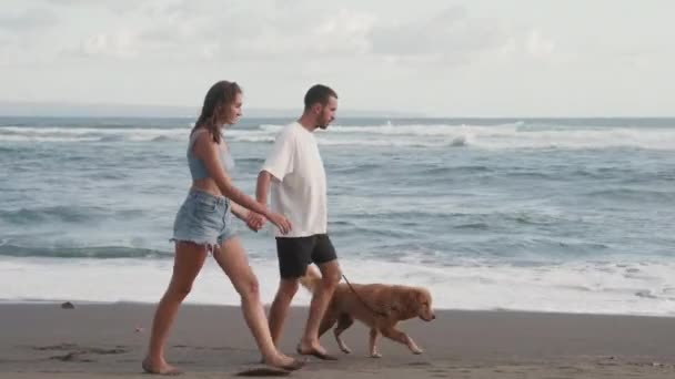 Rastreamento Feliz Casal Caucasiano Romântico Mãos Dadas Cão Golden Retriever — Vídeo de Stock